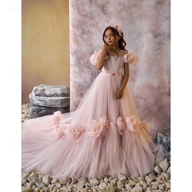  Robe de Demoiselle d'Honneur Fille Fille Robe de première communion Robe de Soirée Mariage Soirée Princesse Doux Noël Carnaval Froncé Couleur Unie Sans bretelles Col Rond Blanche Rose Claire 4 ans et