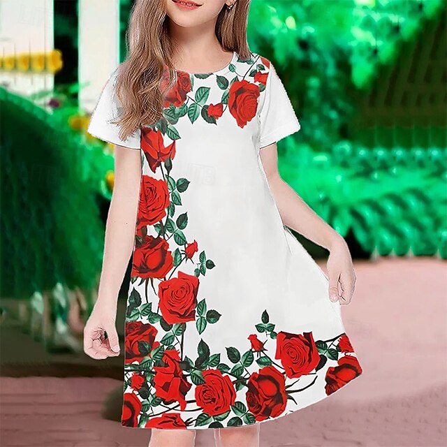 Easter Girls' 3D Floral Graphic Dress Short Sleeve Summer Spring Vacation Daily Holiday Princess Beautiful Sweet Kids 4-12 Years Casual Dress Knee-length Regular Fit4