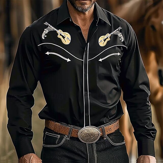 Men's Musical Instrument Western Shirt Long Sleeve Western Sports Outdoor Spring Fall Turndown Button Up Black4