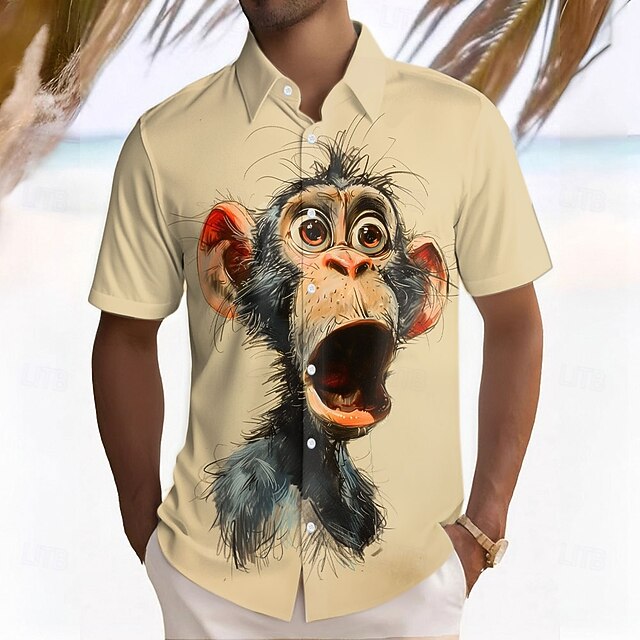 Men's Monkey Shirt Button Up Shirt Short Sleeve Funny Summer Spring Turndown Button Up Beige4