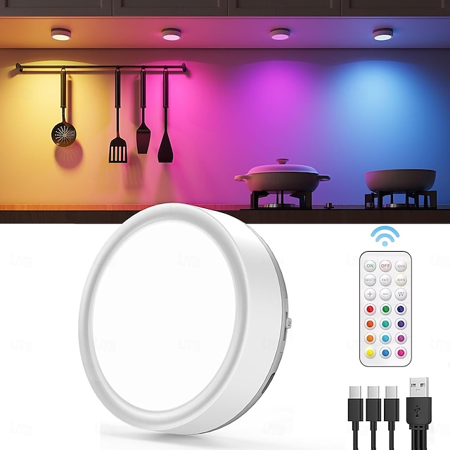 USB 充電式 RGB パック ライト - リモコン付き 1600mAh 充電式バッテリー駆動キャビネット ライト、キャビネット、ワードローブ用マグネット式 LED タップ ライト、屋内用 1 個