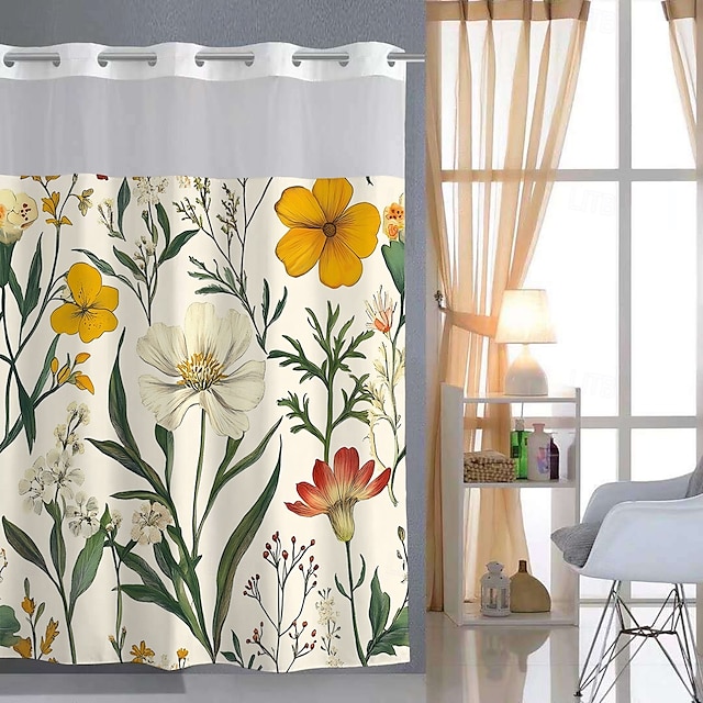  Flower Waffle-Weave Textured Shower Curtain Set with Snap-in Liner Sheer Window Water-Repellent Polyester Blend Fabric,Grommet Top,120GSM Hotel Quality Spa Style Bathroom Partition No Hooks Required