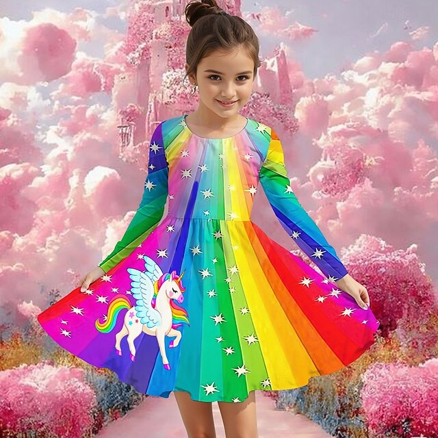 Girls' 3D Graphic Unicorn Dress Long Sleeve Summer Spring Vacation Daily Holiday Princess Beautiful Sweet Kids 4-12 Years Casual Dress A Line Dress Knee-length Regular Fit3