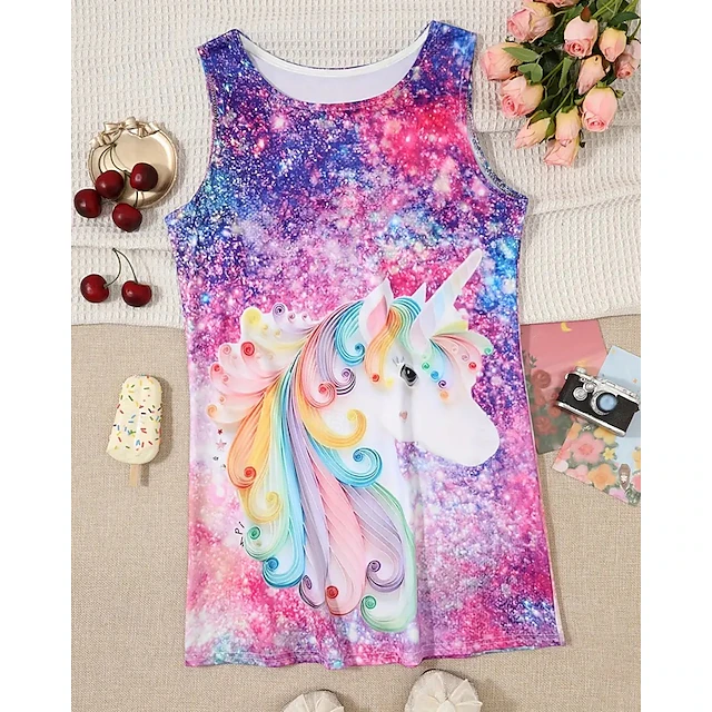 Girls' 3D Graphic Unicorn Dress Sleeveless Summer Spring Vacation Daily