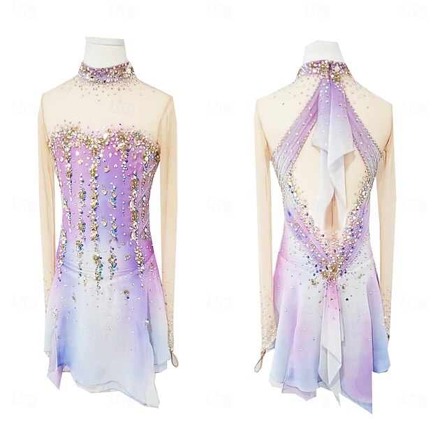 Figure Skating Dress Women's Girls' Ice Skating Dress Purple Thumbhole Halo Dyeing High Elasticity Professional Competition Skating Wear Thermal Warm Crystal / Rhinestone Long Sleeve Ice Skating4