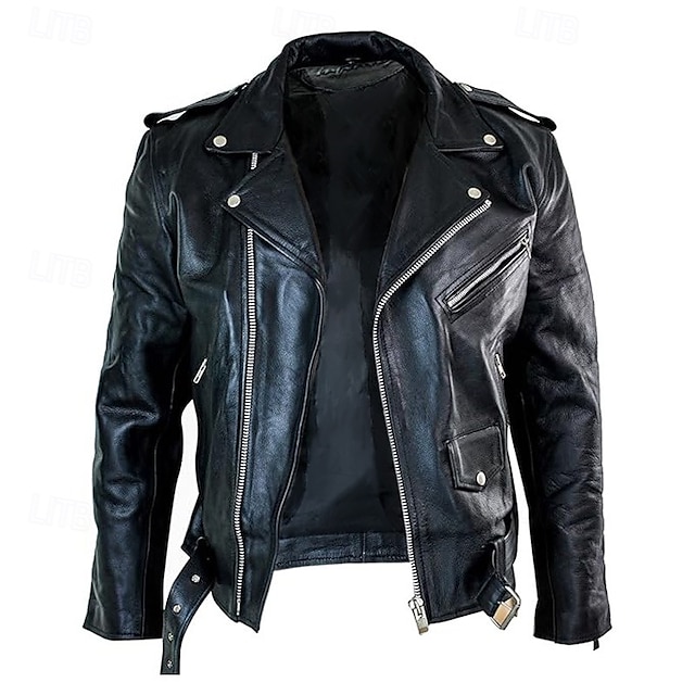  Men's Faux Leather Jacket Transition Jacket Biker Jacket Motorcycle Jacket Vacation Daily Windproof Warm Pocket Fall & Winter Plain Fashion Classic Lapel Regular Faux Leather Black Jacket