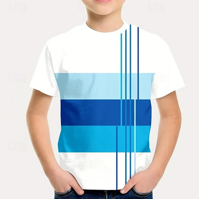  Jongens 3D Gestreept T-shirt Korte mouw Zomer Lente Modieus Basic Kinderen 4-12 jaar Strakke ronde hals Buiten Casual Dagelijks Normale pasvorm
