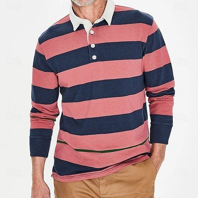 Men's Stripes Rugby Polo Long Sleeve Polo Shirts Collared Shirts Casual Outdoor Athleisure 3D Print Spring Fall Winter Red3