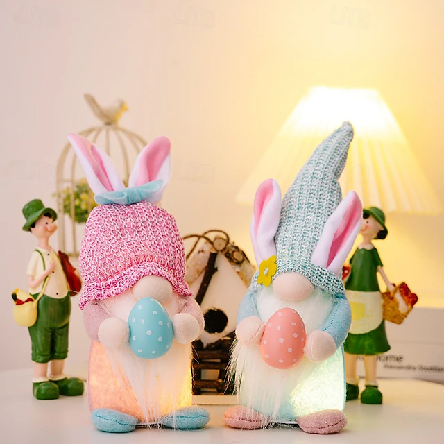 2 Pack Easter Decorations LED Lighted Faceless Gnome Dolls with Bunny ...