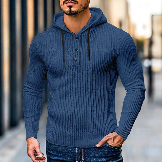 Men's Ribbed Knit Tee Tee Top Long Sleeve Shirt Solid Color Hooded 