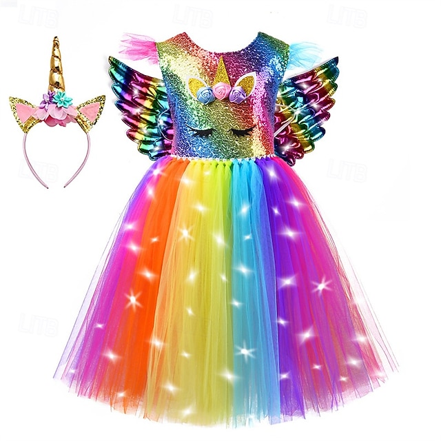  Bambino Da ragazza Vestito da festa Arcobaleno Unicorno Senza maniche Prestazioni Compleanno Retato Bellissimo Dolce Poliestere Al ginocchio Vestito da festa Abito linea A Abito in tulle Estate 4-12