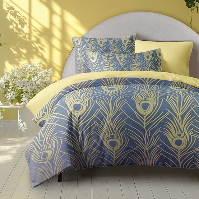  Ensemble de housse de couette 100% coton, ensemble de literie à motif de plumes de paon, ensemble de literie de luxe doux 3 pièces, décoration d'intérieur, literie au crépuscule, cadeau pour roi et