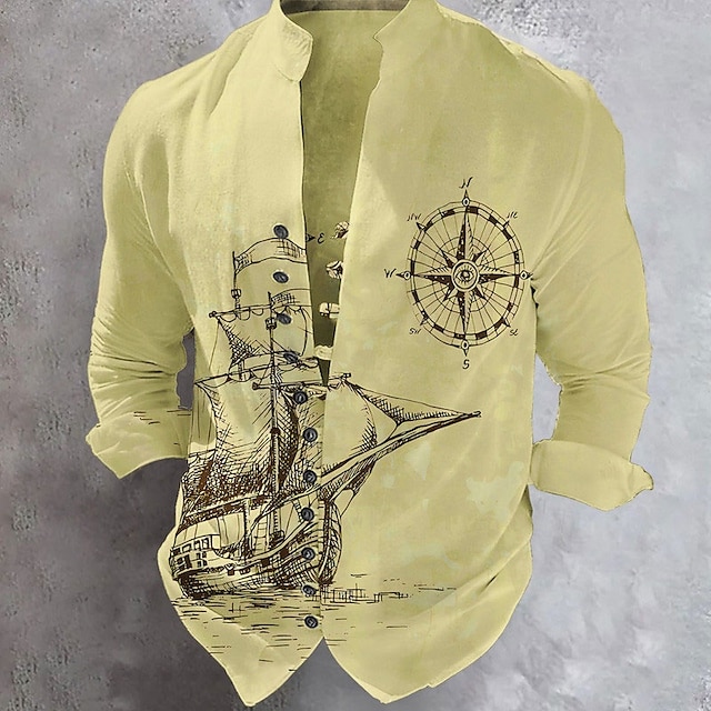 Bărbați Marin Ancoră Barcă navigare Cămașă Camașă cu nasturi Manșon Lung Modă Șic Stradă Designer În aer liber Casual Zilnic Vară Primăvară Toamnă Guler de stand Imprimeu Alb Kaki
