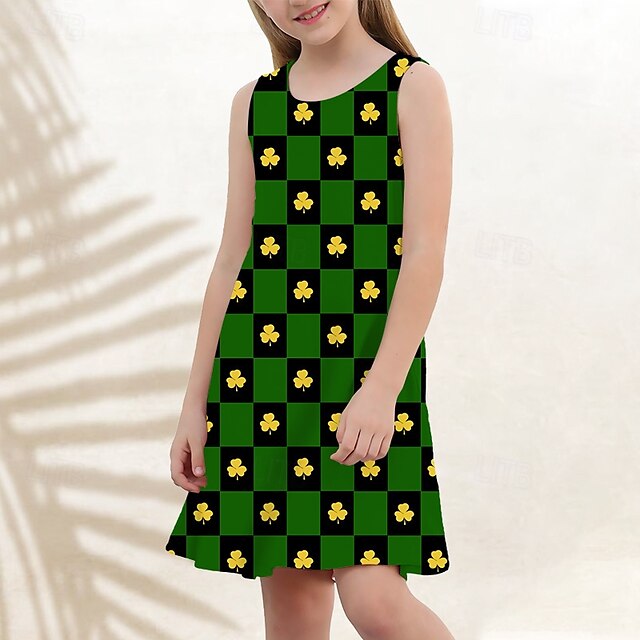 St. Patrick Mädchen' 3D Graphic Vierblättriges Kleeblatt Kleid Ärmellos Sommer Frühling Urlaub Täglich Festtage Prinzessin Schön Süß kinderkleidung 4-12 Jahre Casual kleid A Linie Kleid Knielang