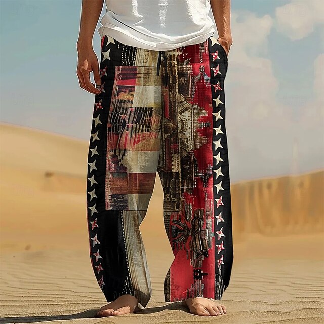 Men's Color Block Patchwork Stars Trousers Casual Pants Drawstring Elastic Waist Hawaiian Ethnic Vintage Retro Outdoor Vacation Holiday Side Pockets Straight Leg Trousers Summer Spring Fall 3D Print4