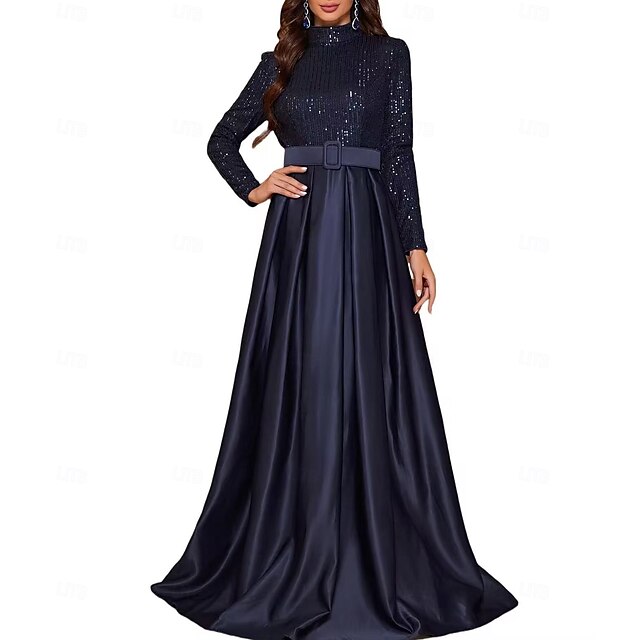  Rochie de seară tip A-Line rochie elegantă pentru petrecere rochie formală de gală cu lungime până la podea cu mânecă lungă cu gât rigid curea/sasch din amestec de bumbac cu spate cowl cu butoane