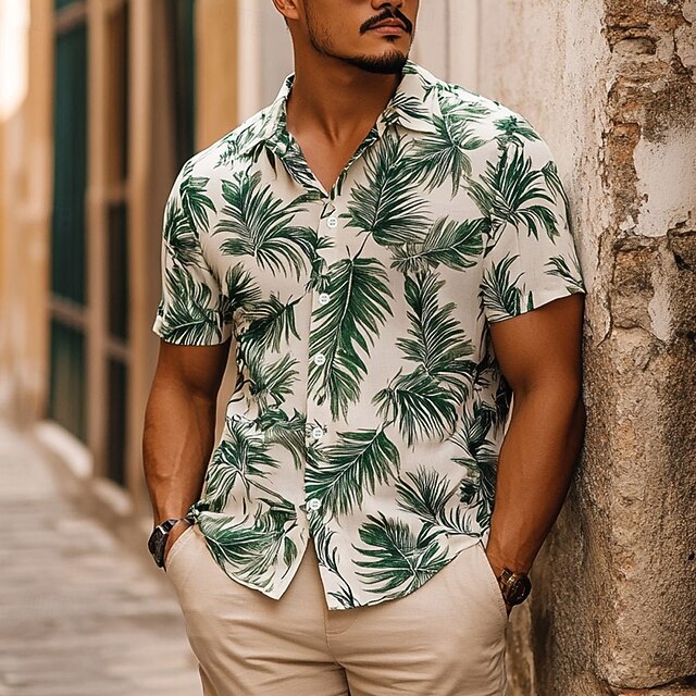 Men's Palm Leaf Tropical Plants Summer Hawaiian Shirt Button Up Shirt Aloha Shirt Short Sleeve Hawaiian Resort Vacation Holiday Beach Wear Summer Spring Turndown 3D Print Collared Shirts Beige4