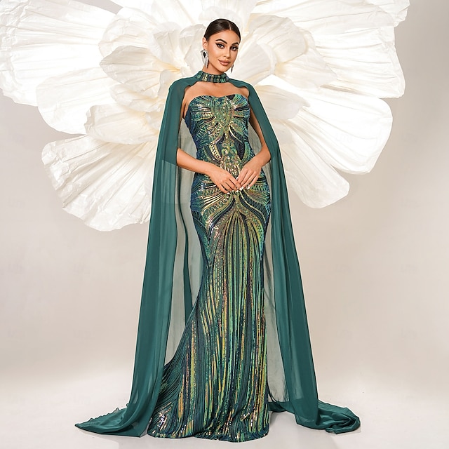  Meerjungfrau  Trompete Abendkleid Elegantes Kleid Karneval Abendparty Bodendeckend Ärmellos mit Chiffon Umhang Herz-Ausschnitt mit Glitzer