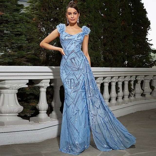  Trompete / Meerjungfrau Abendkleider Glänzend Kleid Formal Hochzeit Boden-Länge Ärmellos V Ausschnitt Chiffon mit Glitzer Schulterblume 2025