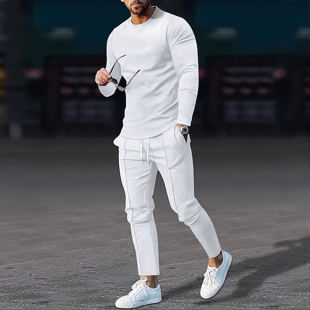  Férfi Gofri póló Póló öltönyök Tracksuit Teniszing Rövid ujjú Tömör szín Testedző Alkalmi 2 db Kerek nyakkivágás Vakáció Hétköznapi viselet Sportruházat Nyár Fekete Fehér Királykék Henley póló