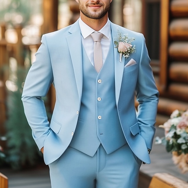  Trajes de Boda de Verano para Hombre en Azul Cielo Salvia Color Sólido Ajuste Estándar 3 Piezas De Un Solo Botón