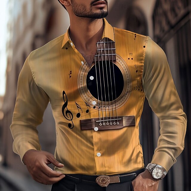 Men's Guitar Musical Instrument Satin Shirt Dress Shirt Button Up Shirt Long Sleeve Fashion Casual Vacation Daily Evening Party Summer Spring Fall Turndown Collared Shirts 3D Print Yellow4
