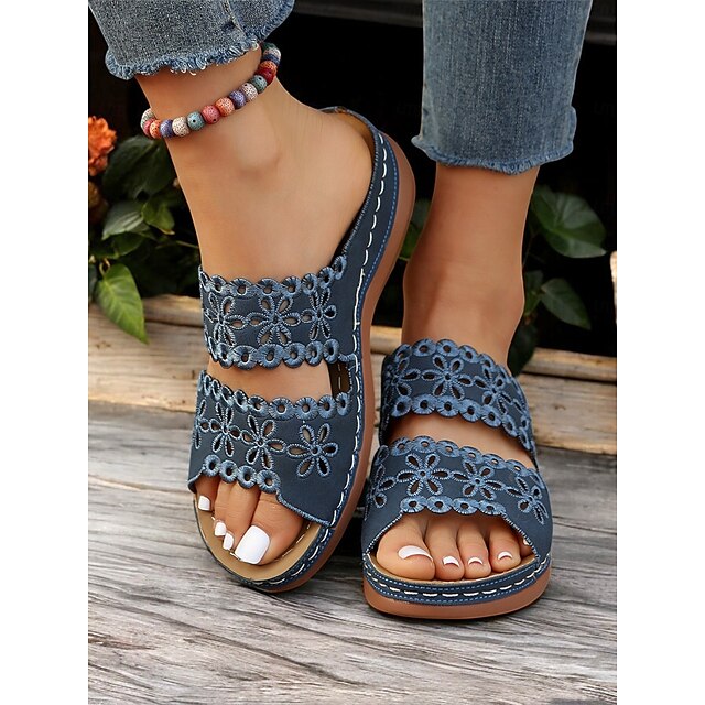 Women's White Slip-On Sandals with Floral Cut-Out Design Comfortable Sole and Casual Style for Summer Wear and Daily Outings