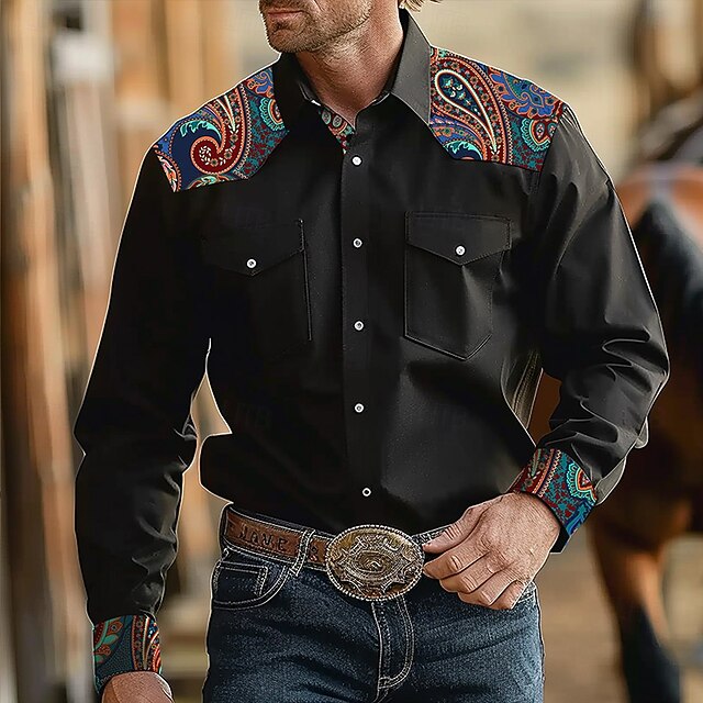 Men's Paisley Western Shirt Long Sleeve Western Sports Outdoor Spring Fall Turndown Button Up 2 Pockets Black4