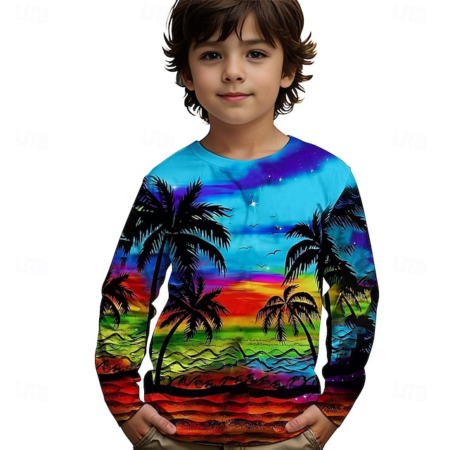  Pojkar 3D Grafisk Kokosnötsträd T-shirt Långärmad Sommar Vår Mode Grundläggande Barn 4-12 år Rund hals Utomhus Ledigt Dagligen Normal