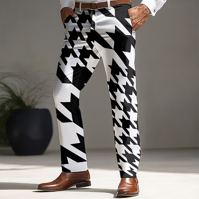 Men's Mixed Color Geometric Pattern Dress Pants Trousers Mid Waist Casual Vintage Retro Outdoor Vacation Streetwear with Pockets Slim Fit Flat-Front Summer Spring Fall 3D Print White4