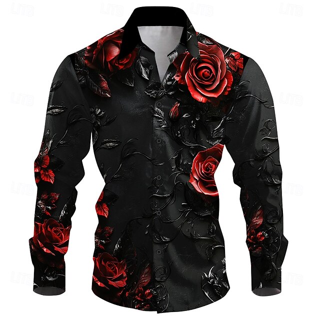 Valentine's Day Men's Floral Print Halloween Costumes Day of the Dead Shirt Button Up Shirt Long Sleeve Vintage Retro Gift Holiday Festival Summer Fall Turndown 3D Print Collared Shirts Black4