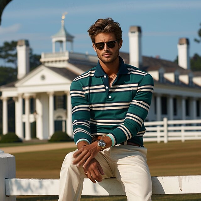 Men's Stripes Rugby Polo Long Sleeve Polo Shirts Collared Shirts Casual Outdoor Athleisure 3D Print Spring Fall Winter Dark Green3