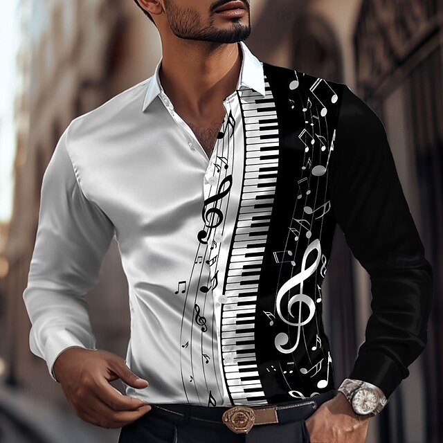 Men's Musical Notes Satin Shirt Dress Shirt Button Up Shirt Long Sleeve Fashion Casual Vacation Daily Evening Party Summer Spring Fall Turndown Collared Shirts 3D Print White4