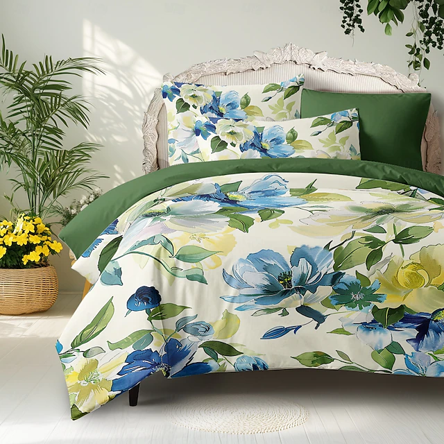 L.T.Home 100% Cotton Sateen Duvet Cover Set Reversible Premium 300 Thread Count Floral Elite Bedding Set 7