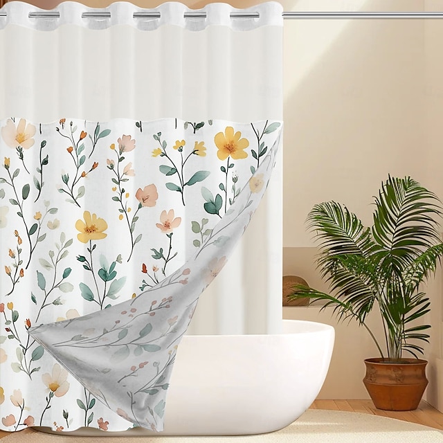  Flower Waffle-Weave Textured Shower Curtain Set with Snap-in Liner and Sheer Window Water-Repellent Polyester,Grommet Top,120GSM Hotel Quality Spa Style Bathroom Partition No Hooks Required