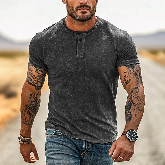  Bărbați Cămașă Henley Tricouri Manșon scurt Culoare solidă Simplu Tulburat Nasturi Spălat Henley În aer liber Casual Zilnic Vară Primăvara & toamnă Negru Bleumarin Verde Tricou Henley