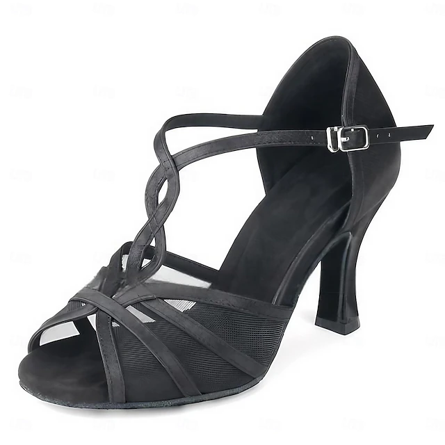 Women's Black Strappy Mesh Dance Heels with Buckle Closure – Elegant Open-Toe Shoes for Ballroom, Latin, and Special Events 12