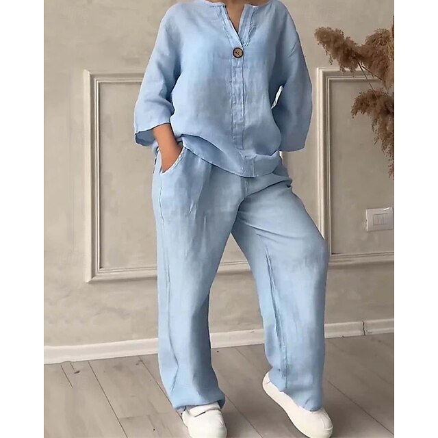 Casual Linen Shirt Straight Pants Two Piece Set
