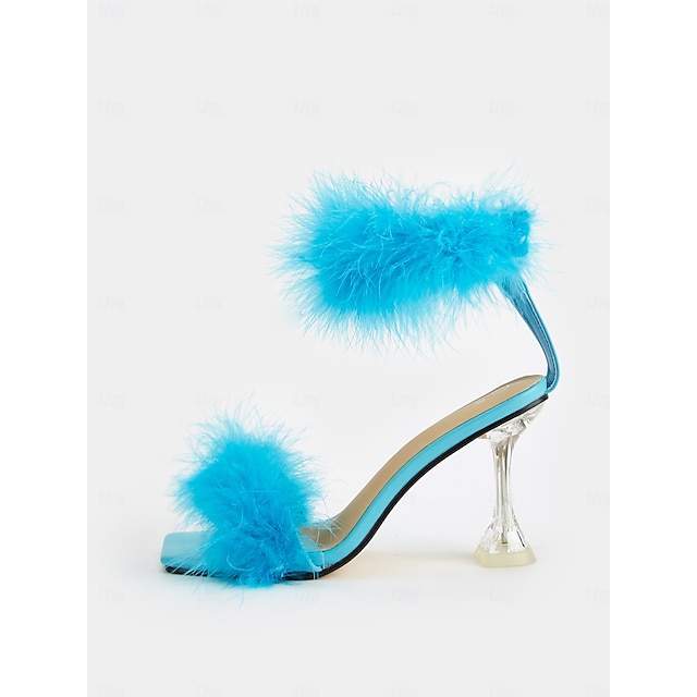  Turquoise Feather-Embellished High Heel Sandals with Clear Stiletto Heel for Women – Perfect for Parties and Special Events