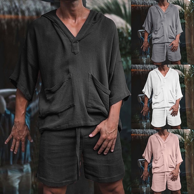  Men's Linen Set Shorts and T Shirt Set 2 Pieces Outfits Short Sleeve Hooded Summer Solid Color Beach Wear Casual 2 Piece Front Pocket Vacation Casual Black Pink White Top Tee for Men