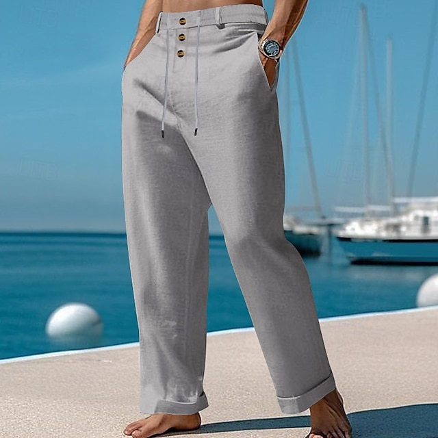  Homens Calças de linho Calças Calça verão Calças de gaze Com Cordão Cintura elástica Perna reta Tecido Conforto Respirável Comprimento total Ao ar livre Diário Feriado Férias Moda Preto Branco