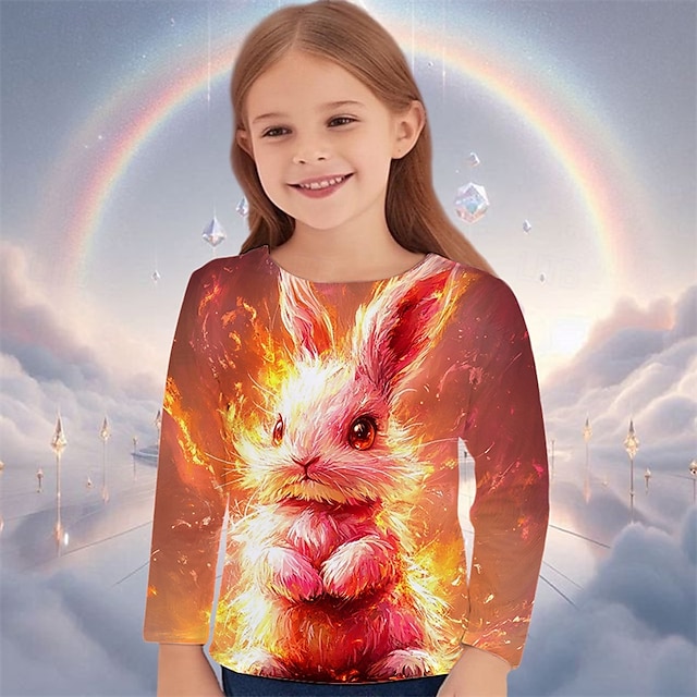  Ostern Mädchen 3D Graphic Tier Hase Kaninchen T-Shirt Langarm Frühling Herbst Modisch Basic kinderkleidung 4-12 Jahre Rundhalsausschnitt Outdoor Casual Täglich Regular Fit