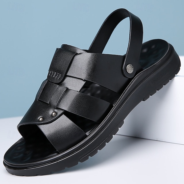  svarta sandaler i konstläder för män - sommarskor med öppen tå med korsbandsdesign och bekväm sula för fritidskläder