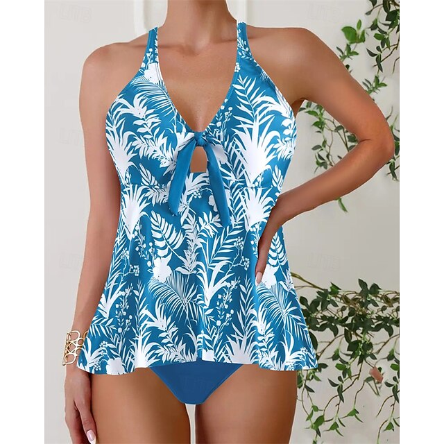Women's Tankini Two Piece Swimsuit Deep V Swimwear Swimwear Blue Breathable Quick Dry Lightweight Sleeveless - Swimming Surfing Beach Summer Spring Plus Size4