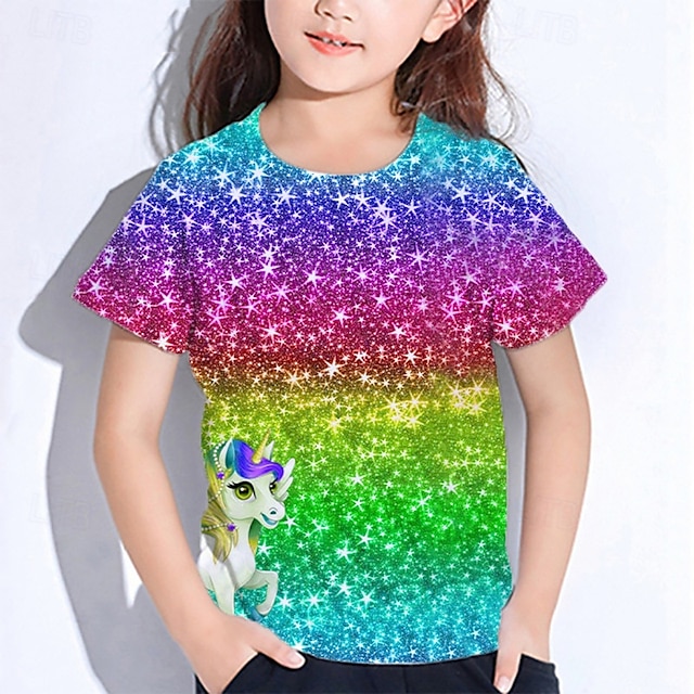  Voor meisjes 3D Grafisch Eenhoorn T-shirt Korte mouw Zomer Lente Modieus Basic Kinderen 4-12 jaar Strakke ronde hals Buiten Casual Dagelijks Normale pasvorm