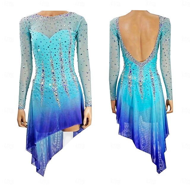 Figure Skating Dress Women's Girls' Ice Skating Dress Lake Blue Thumbhole Halo Dyeing High Elasticity Professional Competition Skating Wear Thermal Warm Crystal / Rhinestone Long Sleeve Ice Skating4