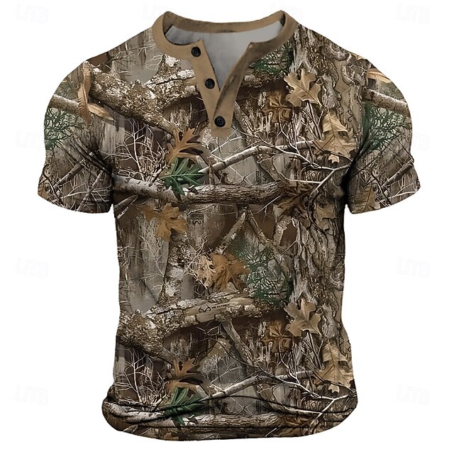 Men's Leaves Print T Shirt Henley Shirt Short Sleeve Designer Retro Vintage Street Casual Daily Summer Spring Khaki Henley Henley T-Shirt4