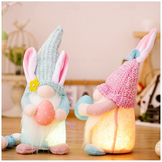 2 Pack Easter Decorations LED Lighted Faceless Gnome Dolls with Bunny ...