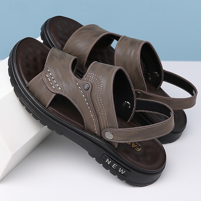  bekväma bruna sandaler i konstläder för män - lediga sommarskor med öppen tå med justerbara remmar för utomhus- och vardagsbruk
