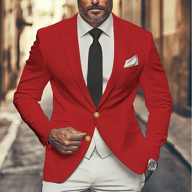  Herr Studenten Kavaj Företag Cocktailfest Bröllopsfest Mode Ledigt Vår & Höst Polyester Ensfärgat Knappar Ficka Bekväm Enkelknäppt Blazer Rubinrött